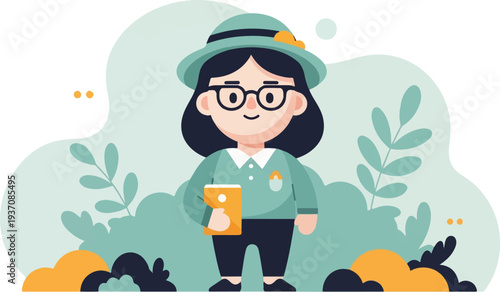 Friendly character with tablet and hat amidst abstract foliage