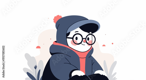 Cute cartoon character in winter attire with glasses and a hat