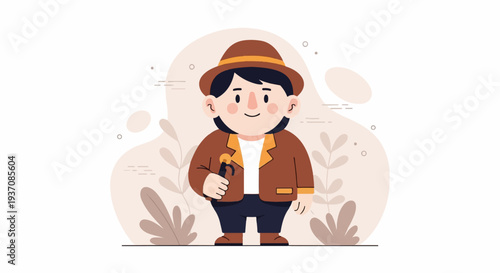 Cartoon person in a hat and jacket holding a cane, surrounded by abstract shapes and plants