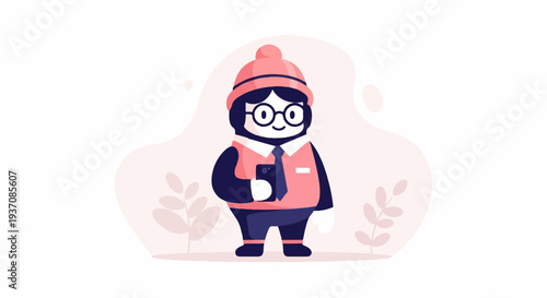 Cute cartoon character with a beanie, glasses, tie, and vest, holding a phone