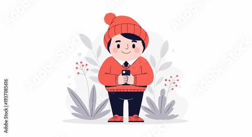 A cartoon character in a coral winter outfit holds a phone, surrounded by decorative plants