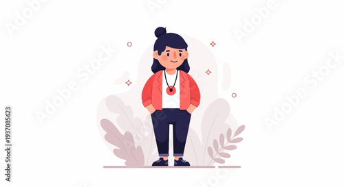 A woman stands with hands in pockets, wearing a blazer, necklace, and pants