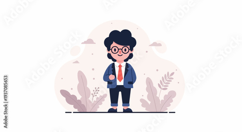 A stylized cartoon character, wearing a blue suit jacket, white shirt, and red tie, stands amidst abstract foliage