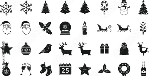 Black silhouette collection of Christmas icons, Santa Claus, reindeer, snowflakes, and festive holiday elements isolated on white background cad drawing flat vector illustration