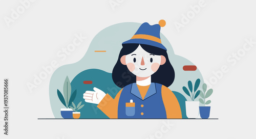 A friendly cartoon person wearing a hat and vest, with plants nearby