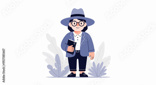 Cartoon person in a hat and blazer holds a book with plants around