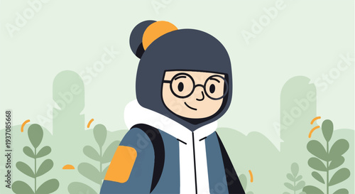 Cartoon character with glasses and a backpack in a stylized outdoor setting