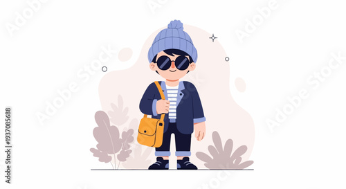 A stylized child in a beanie and sunglasses carries a yellow bag