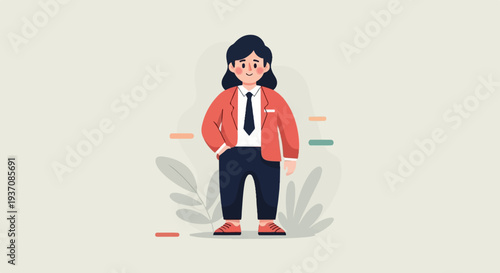 Stylized person in business attire, standing with hands in pockets, against a neutral background with abstract shapes and foliage elements