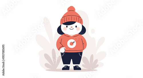 Cute cartoon character in winter clothes, standing amidst stylized plants