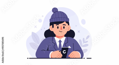 Flat illustration of a person wearing a beanie and suit, holding a mug