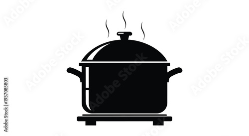 A black silhouette of a cooking pot with a lid emitting steam isolated on white