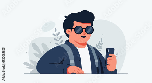 A stylish person in sunglasses holds a smartphone against a backdrop of abstract leaves
