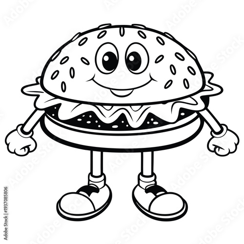 Smiling burger cartoon character standing cheerfully with arms and legs in monochrome outline is visible