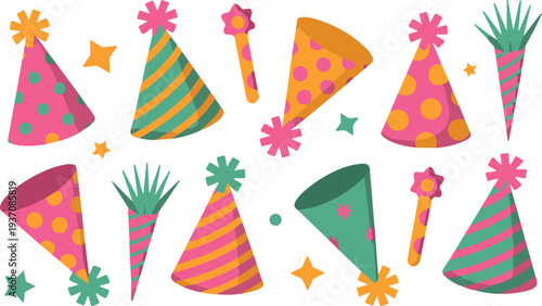 Colorful Vector Illustration of Party Hats and Birthday Celebration Elements with Polka Dots Stripes and Stars for Festive Event Invitations and Greeting Card Designs