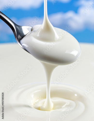 Dripping yogurt from spoon extreme close up shiny texture