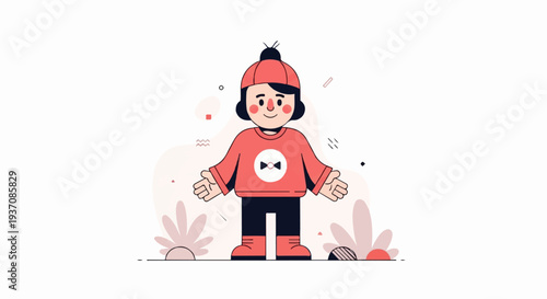 A cheerful, flat illustration of a person in winter attire, with arms outstretched