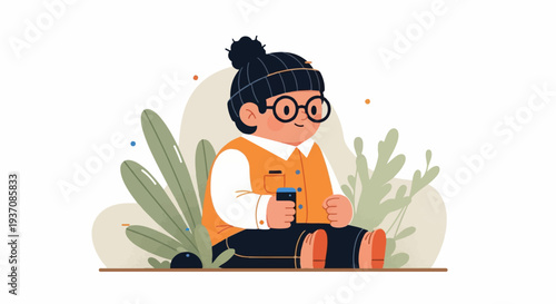 Cheerful cartoon child with glasses, bun, and orange vest holds phone amidst lush green plants