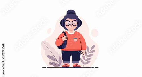A cartoon character with headphones, glasses, and a bag, in casual attire, stands with plants