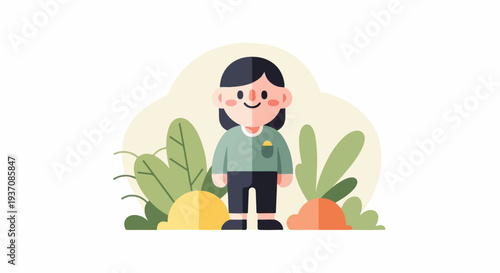 A cheerful, flat-design character stands amidst stylized foliage and round fruits