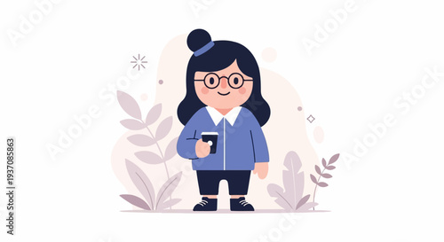 Cheerful cartoon character in blue jacket and shorts holding a coffee cup