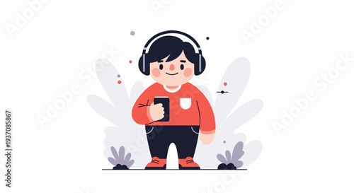 A playful illustration of a person with headphones and a phone, enjoying music outdoors with stylized plants