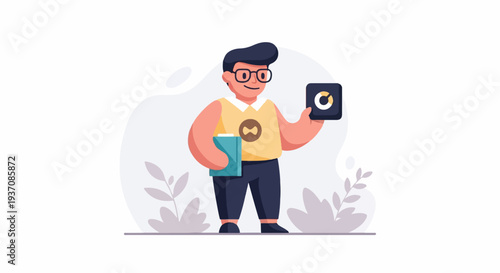 Cartoon character with book and chart