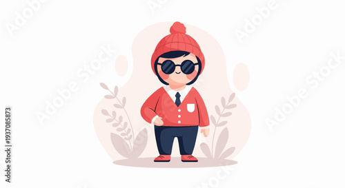 A stylized cartoon child in a red beanie, sunglasses, and coral sweater, with a tie
