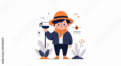 Cheerful person in a hat and scarf holds a coffee maker amidst stylized plants and clouds