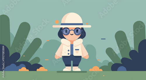 Cute animated character in a hat and glasses, outdoors with abstract foliage