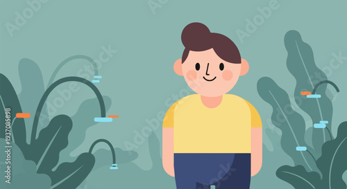 A stylized character stands amidst lush, abstract foliage, featuring curved stems with playful accents