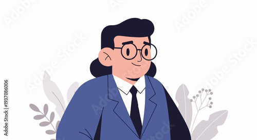 Professional person in a suit with glasses and dark hair, with plants