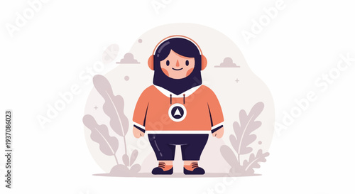 A cartoon character with dark hair, orange hoodie, blue shorts, and headphones, stands amidst whimsical foliage and clouds