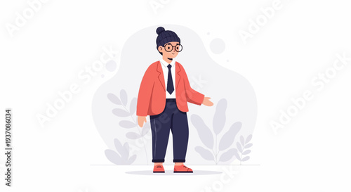 Friendly animated character in smart casual attire with glasses and hat, offering a greeting
