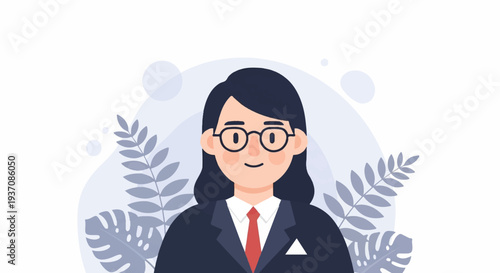 Professional person with glasses and suit, surrounded by foliage and circles