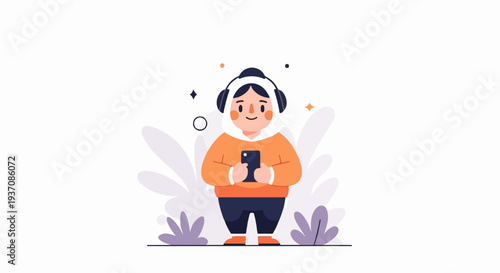 A cheerful character with headphones and a smartphone, surrounded by abstract plants and small celestial shapes