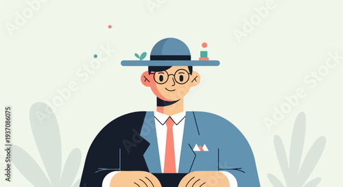 Animated individual in a hat and suit, looking forward with a smile
