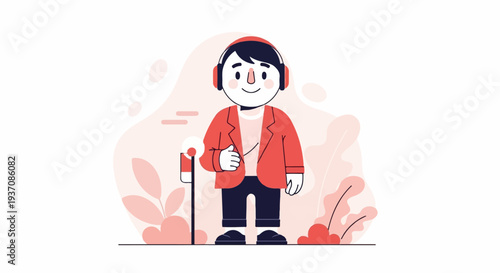 A smiling person with headphones is holding a music player and wearing a red jacket and blue pants