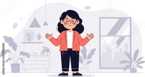 A person in a coral jacket and dark pants stands with open arms in a modern, plant-filled room