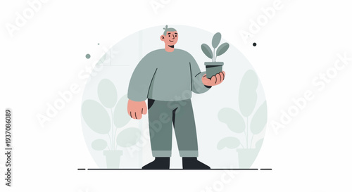 Flat style illustration of a man holding a potted plant, with other plants in background