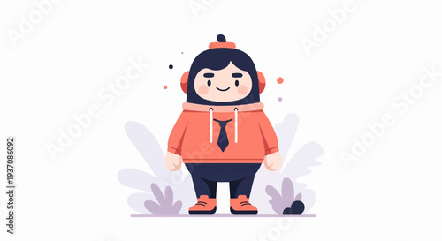 A cute, chubby character in a hoodie and tie, with headphones