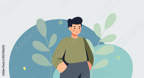 Person with plants and abstract shapes