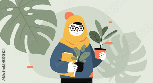 A person wearing glasses and a yellow headscarf holds houseplants and a book