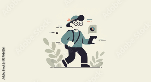 Young person in hat, glasses, and backpack holds tablet while walking past abstract plants
