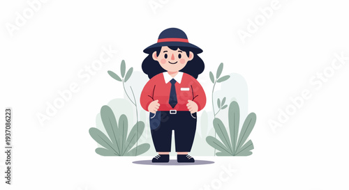 A person in a hat, red shirt, and dark pants stands amidst foliage