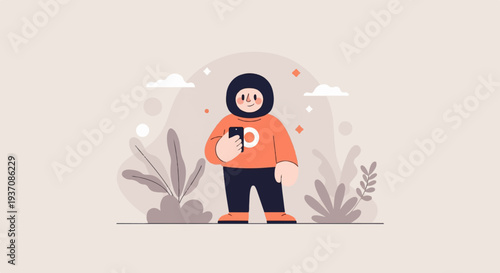 Cheerful figure in warm clothing holds smartphone amidst abstract flora, clouds, and geometric accents