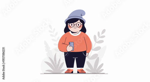 Illustrated person in a blue hat, orange sweater, and black pants holding a phone