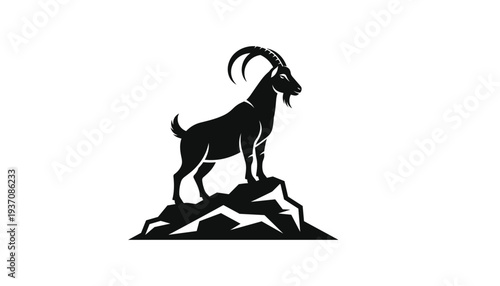 Majestic Mountain Goat Silhouette Vector Illustration Featuring a Wild Ibex with Large Horns Standing on a Rocky Peak for Outdoor Adventure Branding and Wildlife Conservation Graphic Designs
