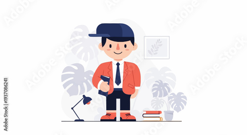 Cheerful young person with a book, wearing a cap and blazer, amidst plants