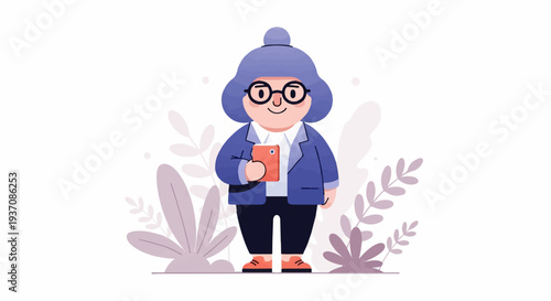 Cute, chubby cartoon woman in glasses and a blue jacket holds a phone